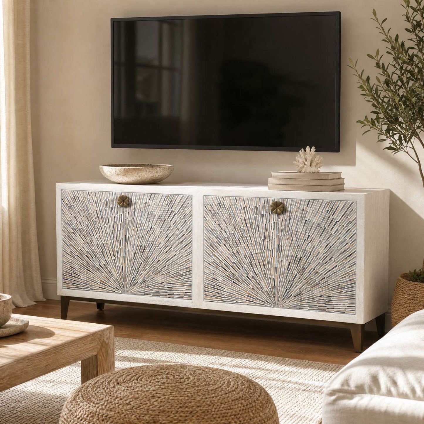 Astrid 34" Four Door Sideboard Cabinet with Solid Mango Wood in a White Wash Finish - Enhanced