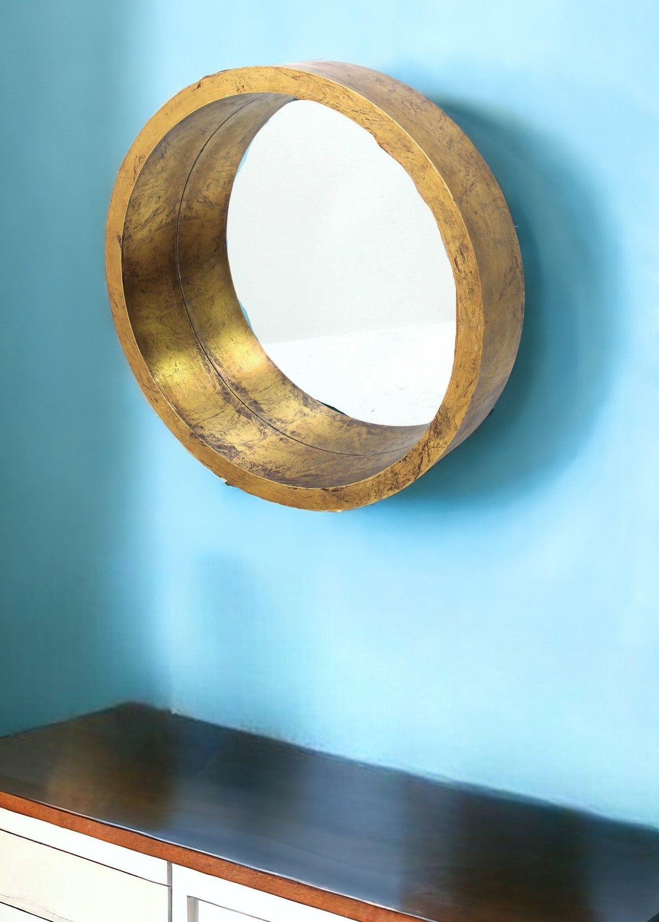 Gold Round Solid Wood Accent Mirror