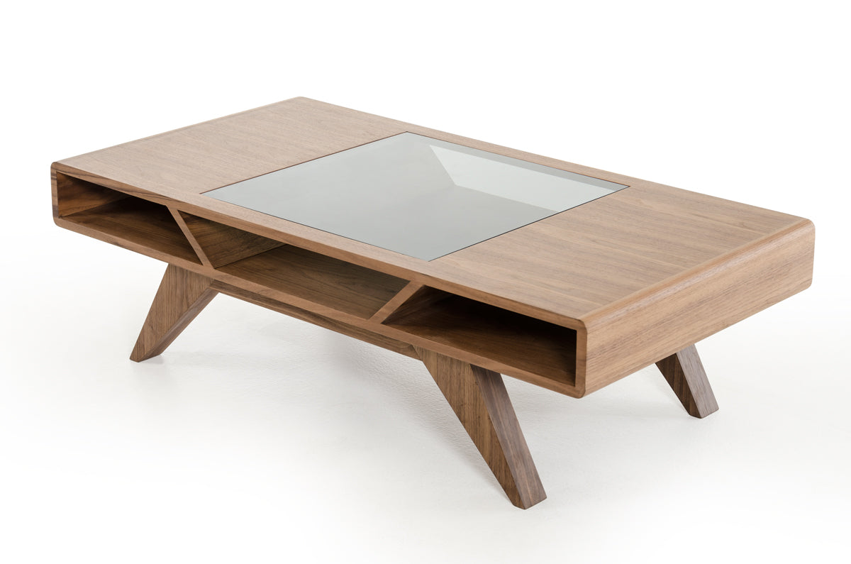 Walnut Wood Veneer & Glass Coffee Table