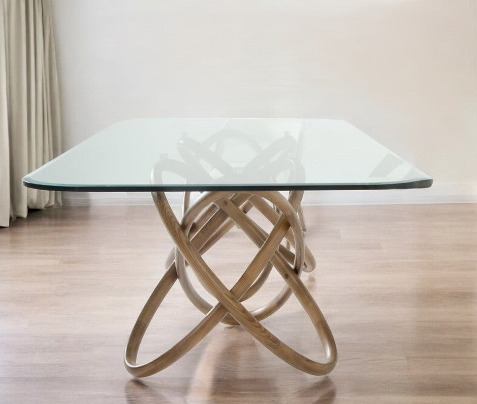 Clear And Natural Glass And Solid Wood Pedestal Base Dining Table