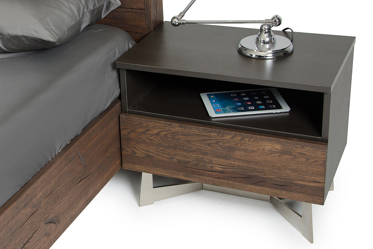 Dark Aged Oak Veneer Steel & Wood Nightstand