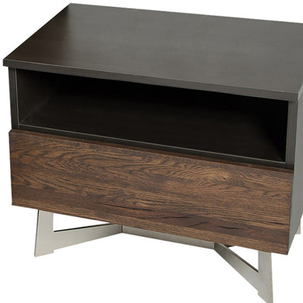 Dark Aged Oak Veneer Steel & Wood Nightstand