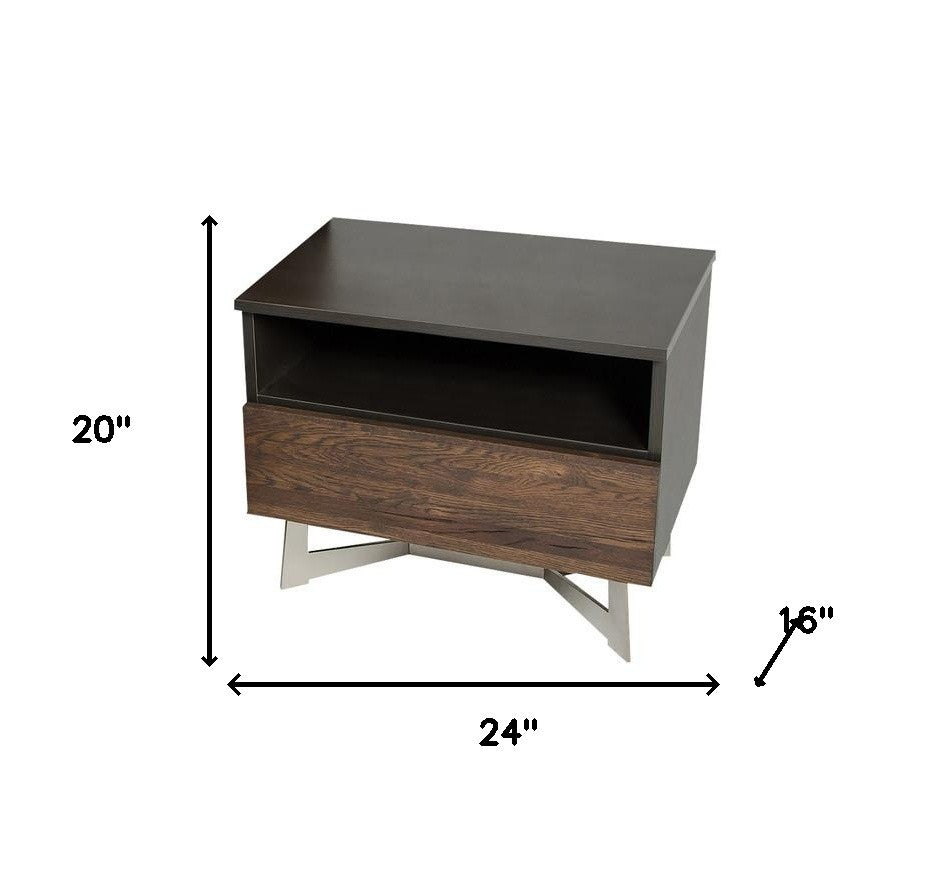 Dark Aged Oak Veneer Steel & Wood Nightstand
