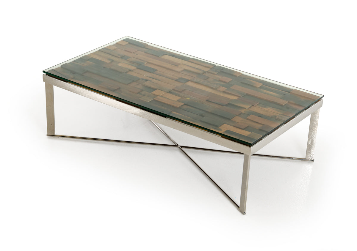 Mosaic Wood Glass & Steel Coffee Table