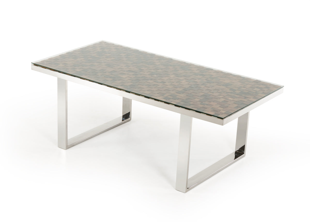 Wood Mosaic Steel And Glass Dining Table