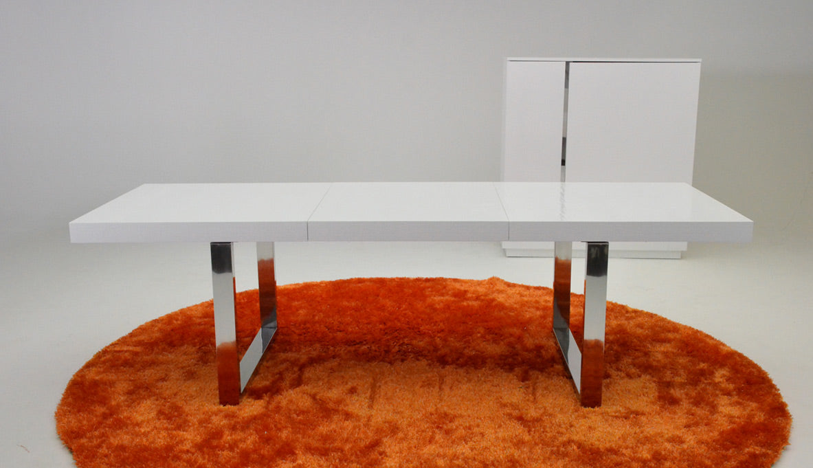 White Mdf Extendable Dining Table With Stainless Steel Legs