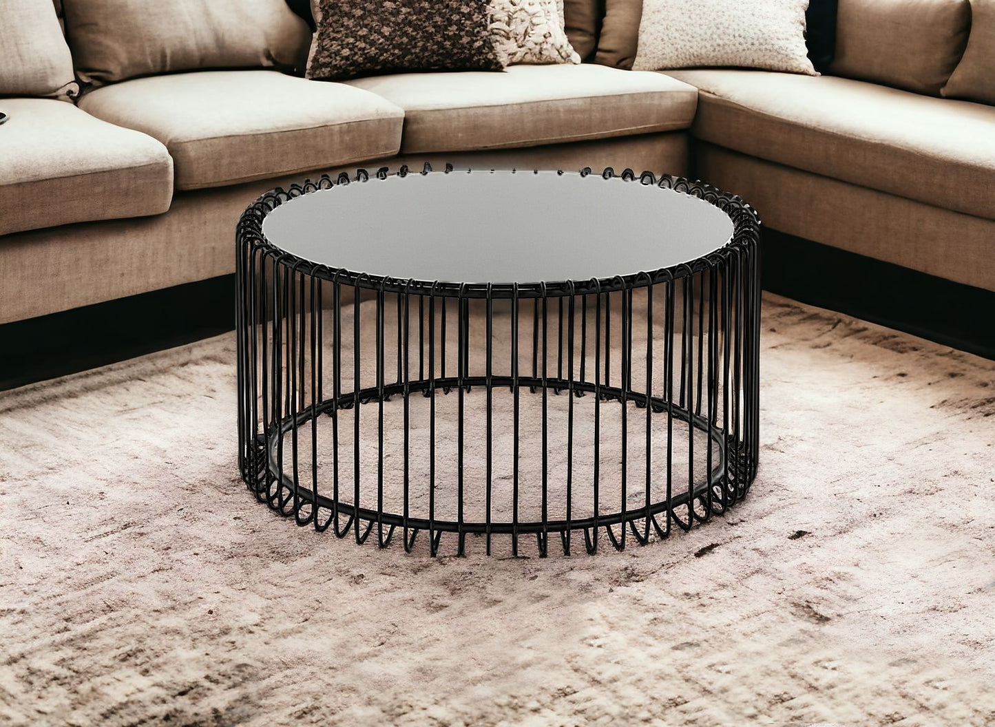 Black Metal & Glass Round Coffee Table