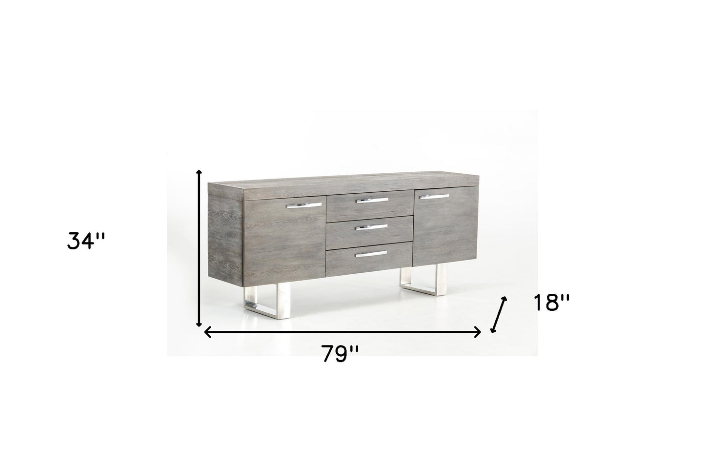 Grey Veneer & Steel Sideboard w/ 3 Drawers & 2 Doors