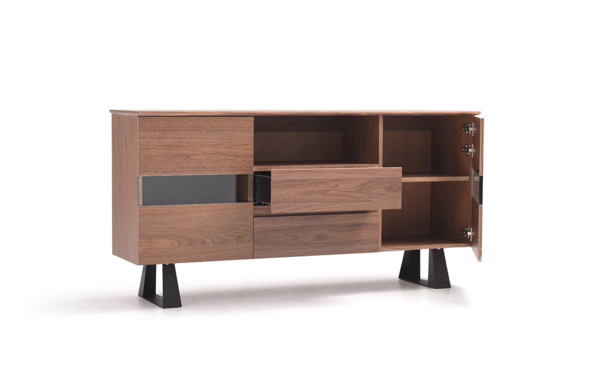 Walnut Veneer Metal & Glass Sideboard
