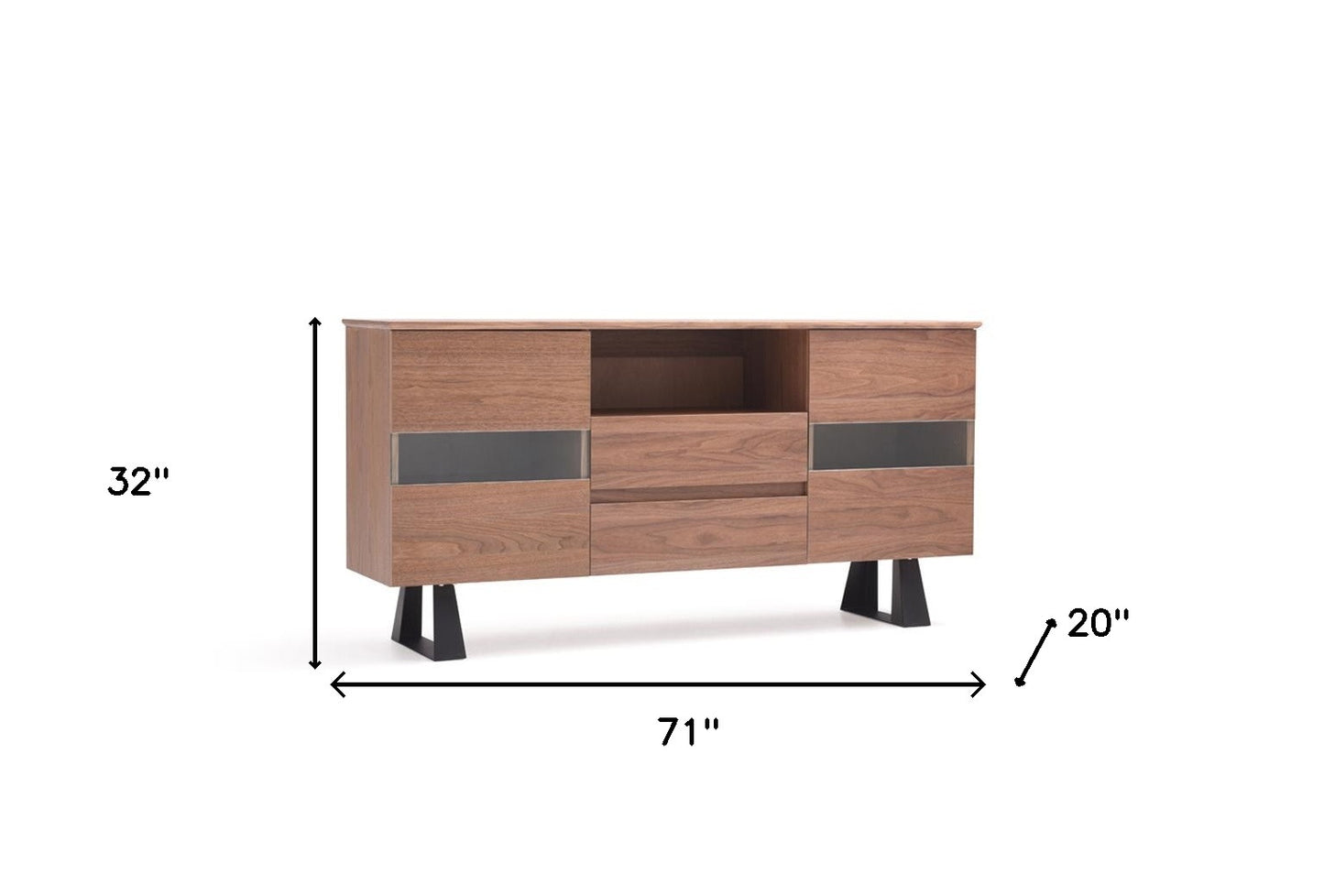 Walnut Veneer Metal & Glass Sideboard