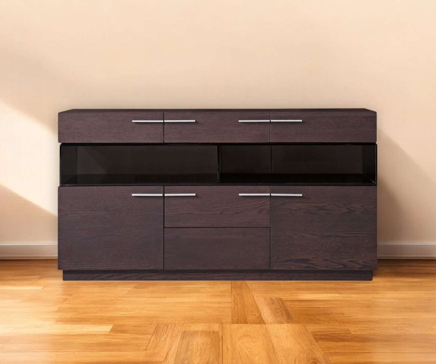 Brown Solid Wood Sideboard w/ Glass Doors