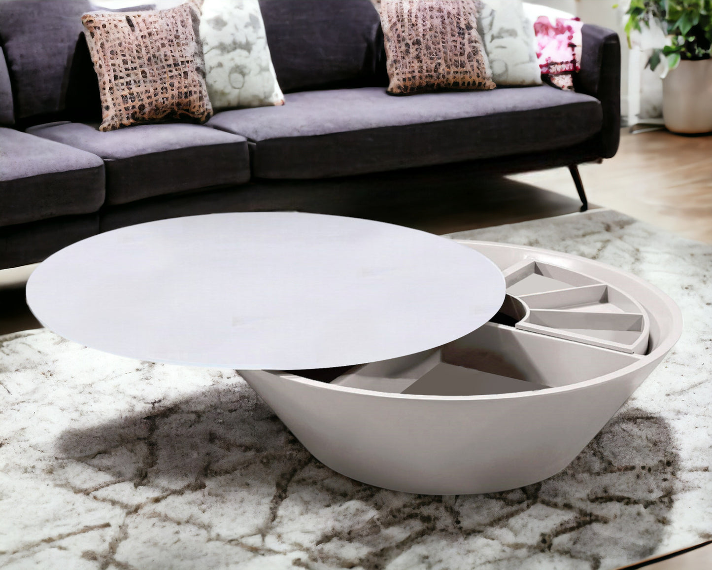 Grey Glass Coffee Table w/ A Swivel Compartment