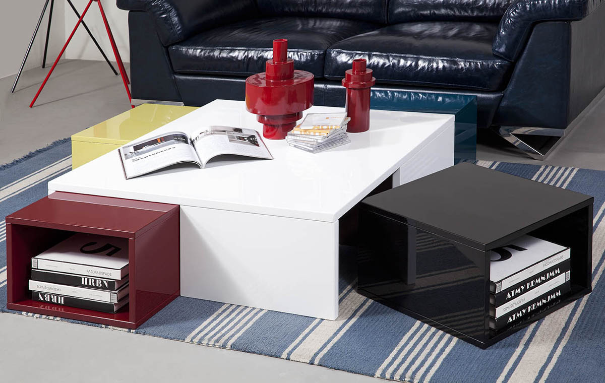 White Coffee Table w/ Colored Stools