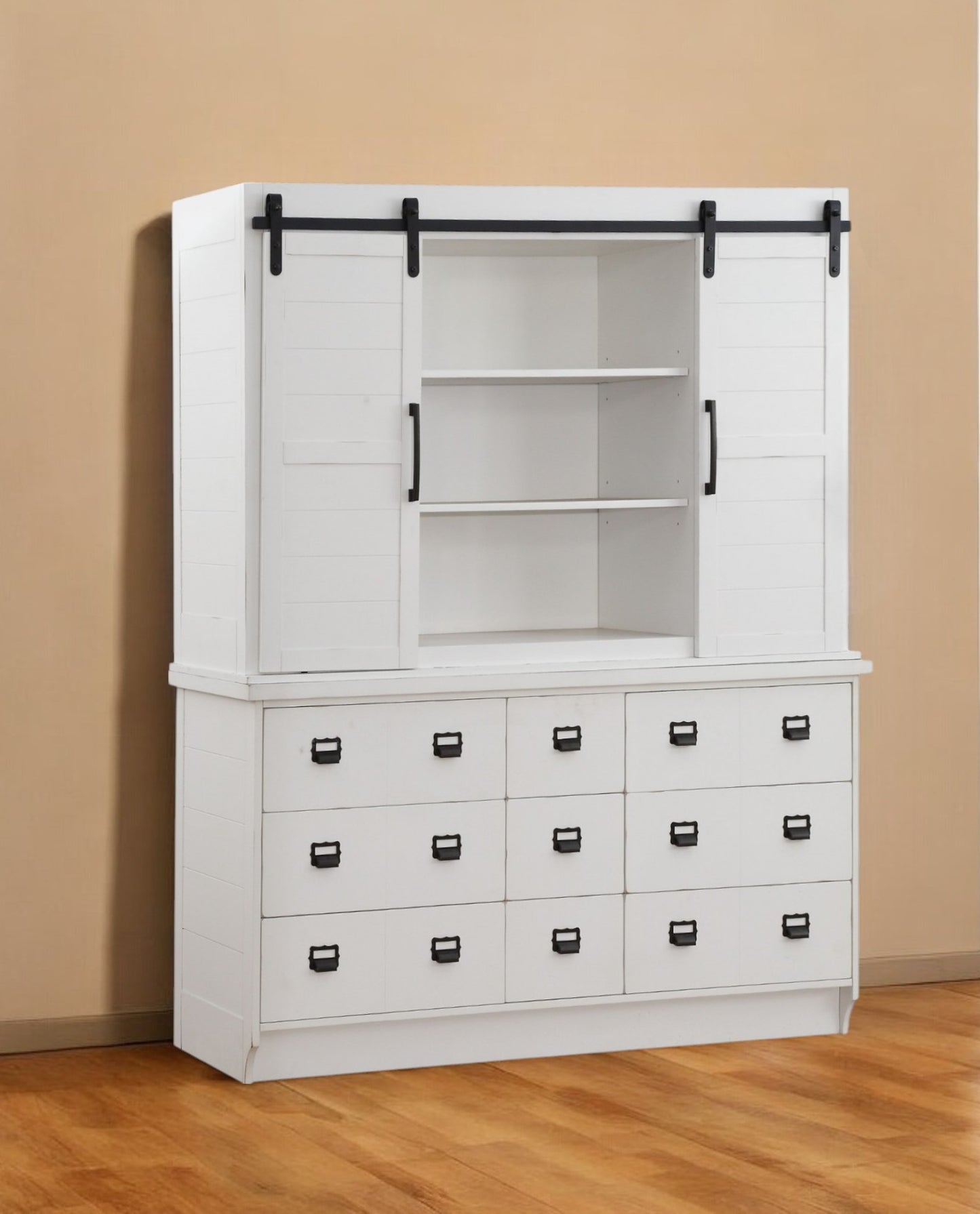 White Wood 9 Drawer Dining Hutch w/ 2 Sliding Doors