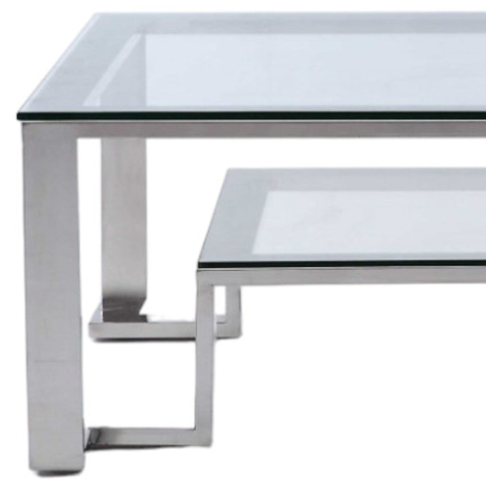 Square Clear Glass Coffee Table w/ Stainless Steel Base