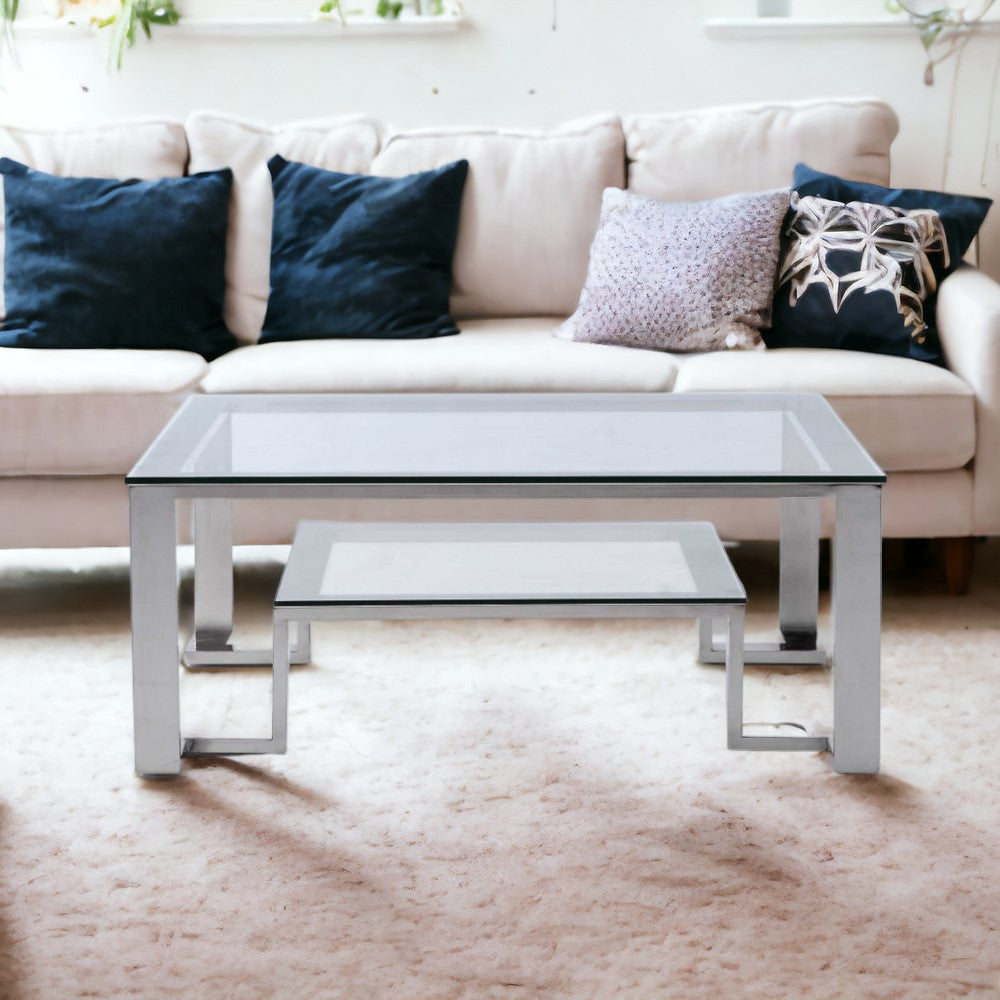 Square Clear Glass Coffee Table w/ Stainless Steel Base