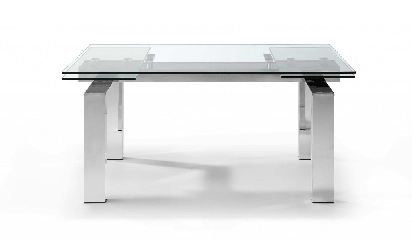 Clear and Silver Glass and Stainless Steel Self-Storing Leaf Dining Table