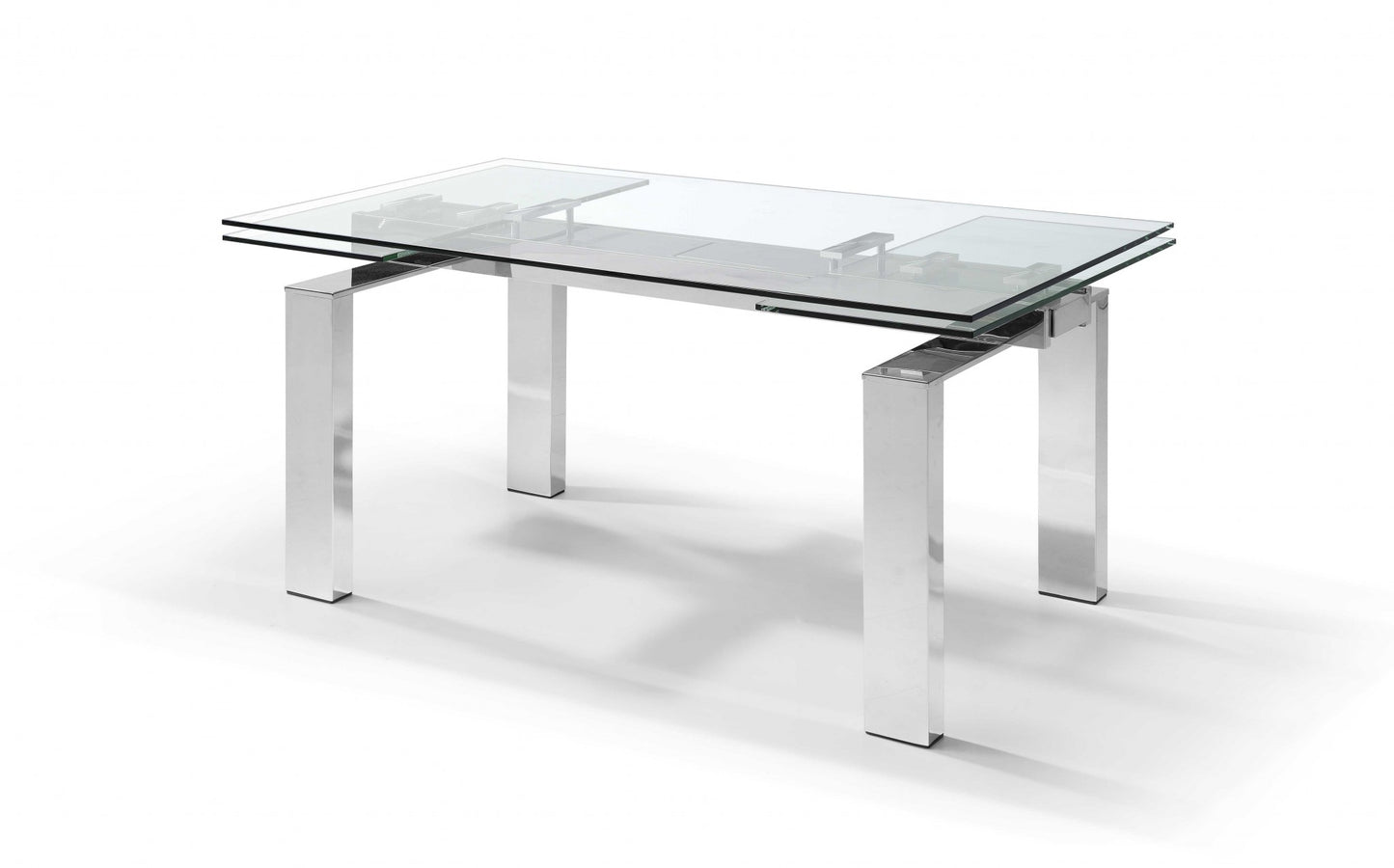 Clear and Silver Glass and Stainless Steel Self-Storing Leaf Dining Table