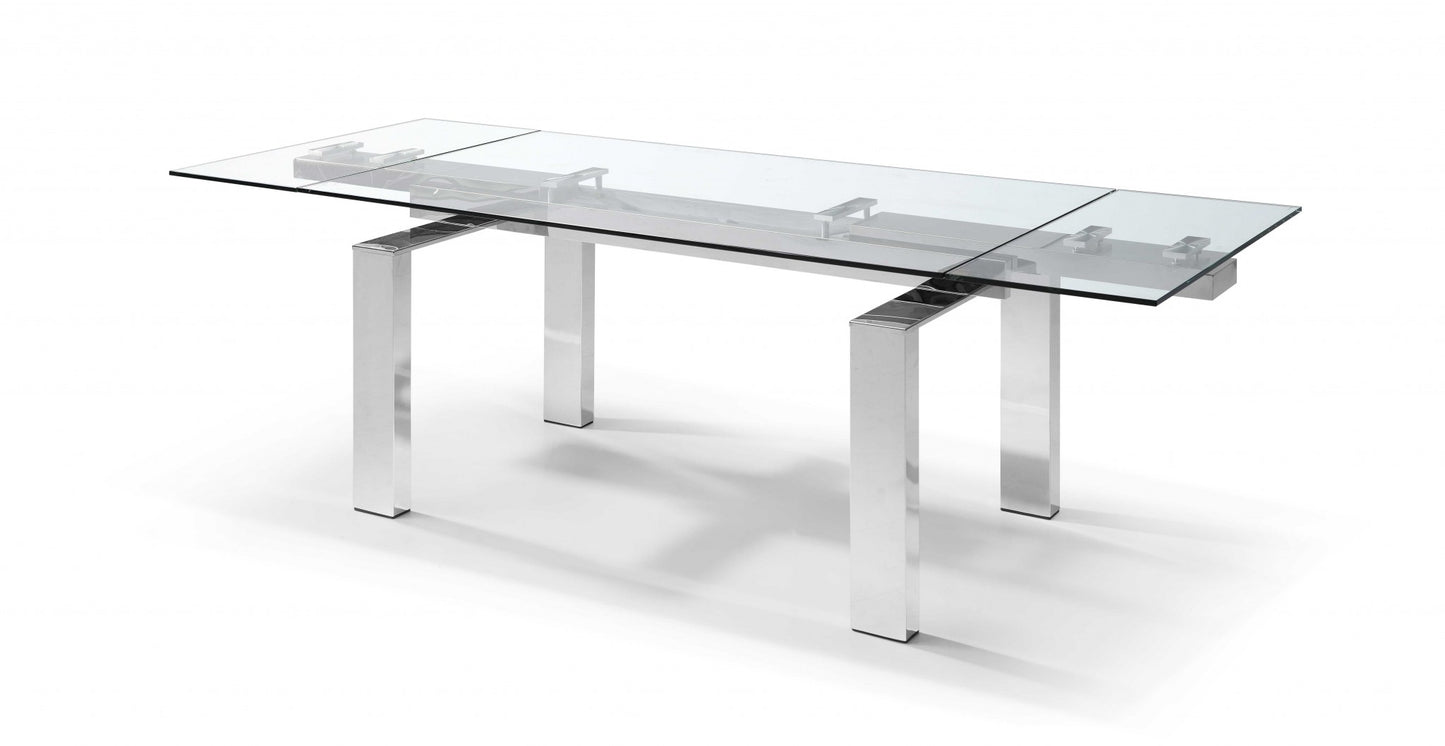 Clear and Silver Glass and Stainless Steel Self-Storing Leaf Dining Table