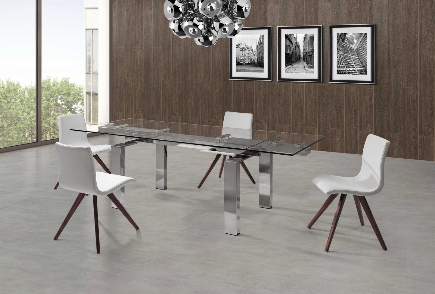 Clear and Silver Glass and Stainless Steel Self-Storing Leaf Dining Table