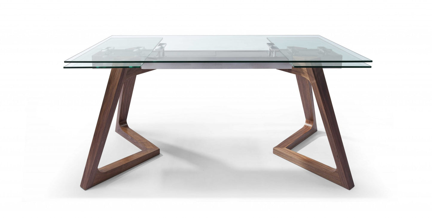 Clear and Brown Glass and Solid Wood Self-Storing Leaf Dining Table