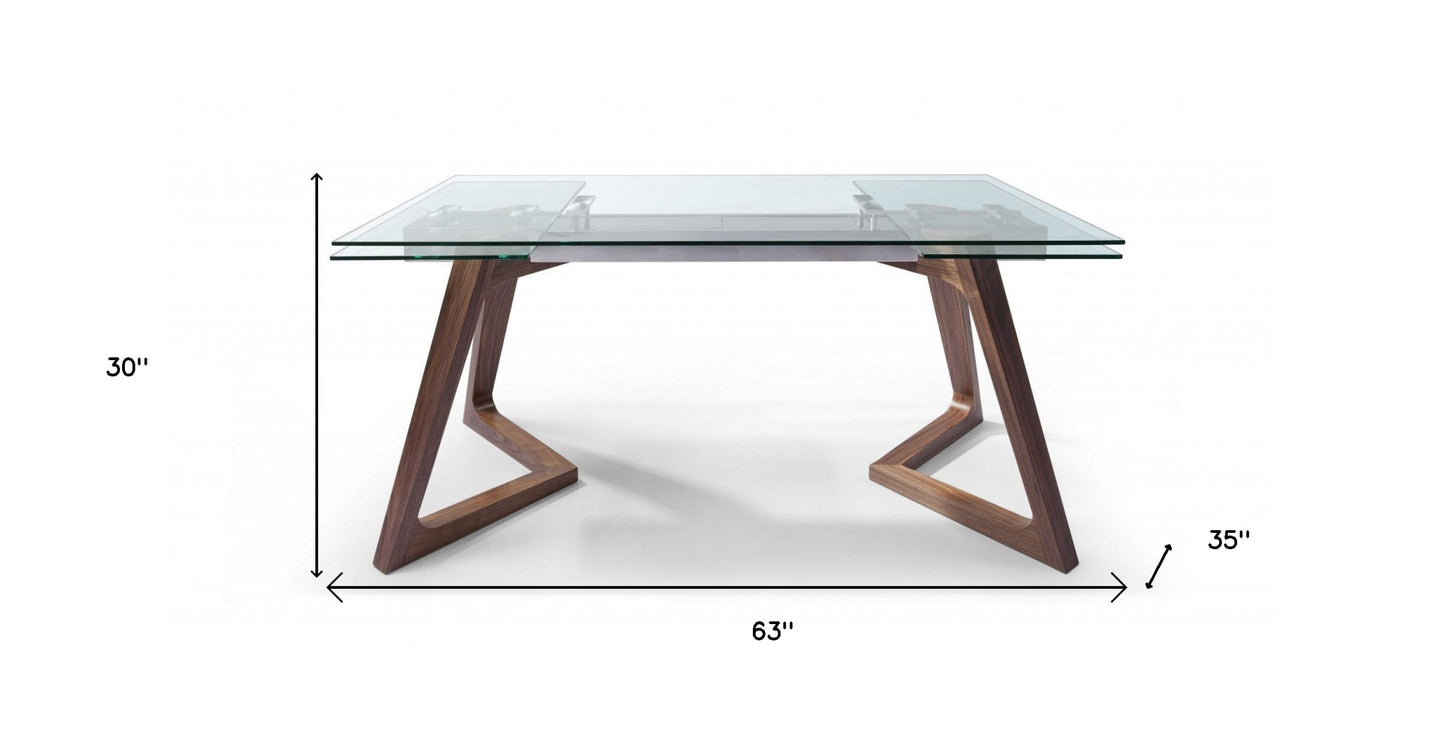 Clear and Brown Glass and Solid Wood Self-Storing Leaf Dining Table