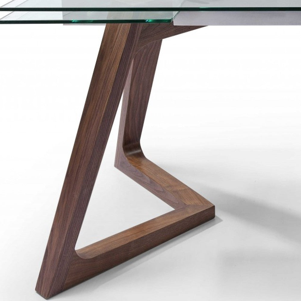 Clear and Brown Glass and Solid Wood Self-Storing Leaf Dining Table