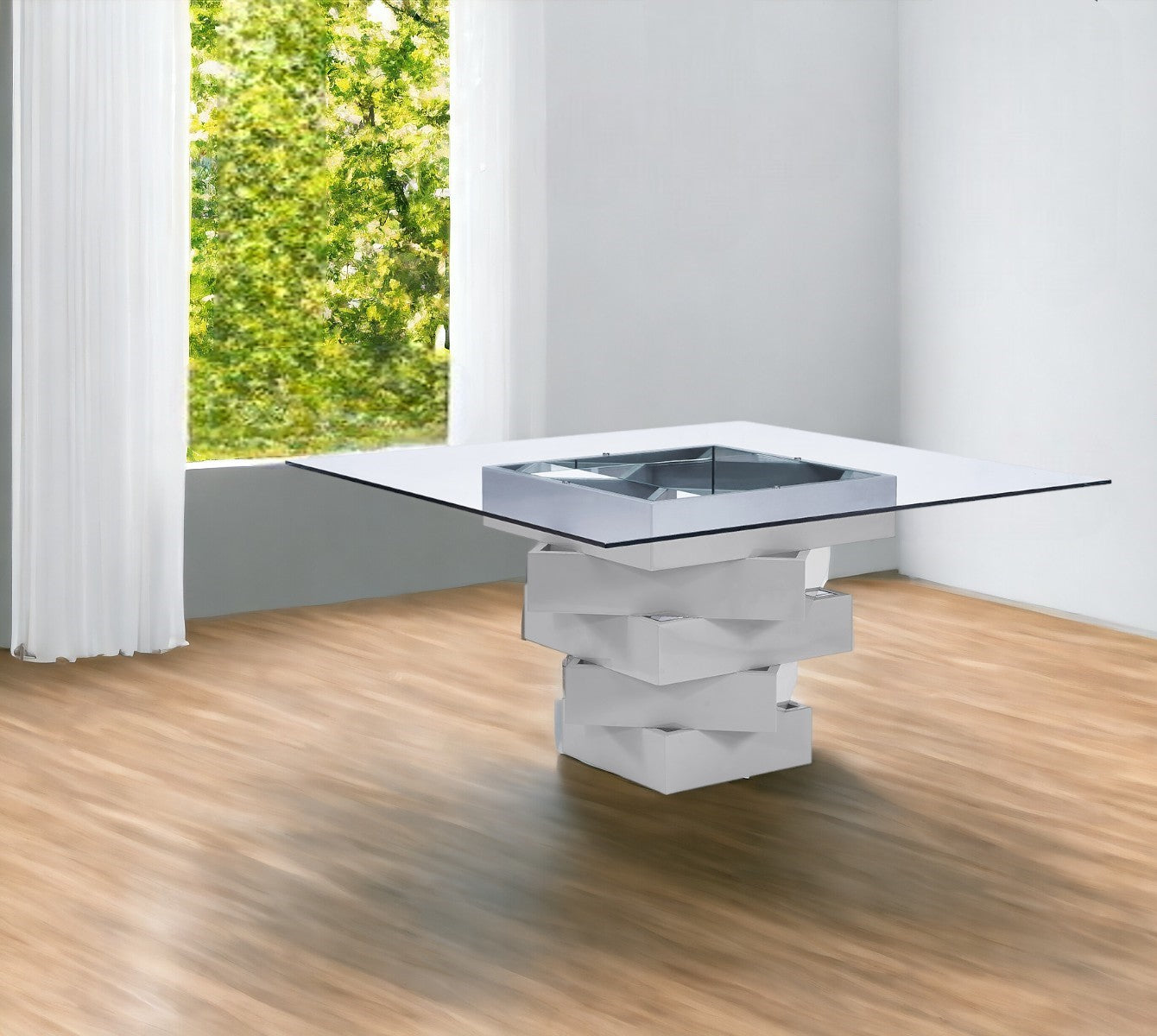 Clear And Gray Square Glass And Solid Wood Pedestal Base Dining Table