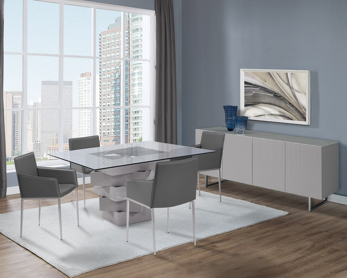 Clear And Gray Square Glass And Solid Wood Pedestal Base Dining Table