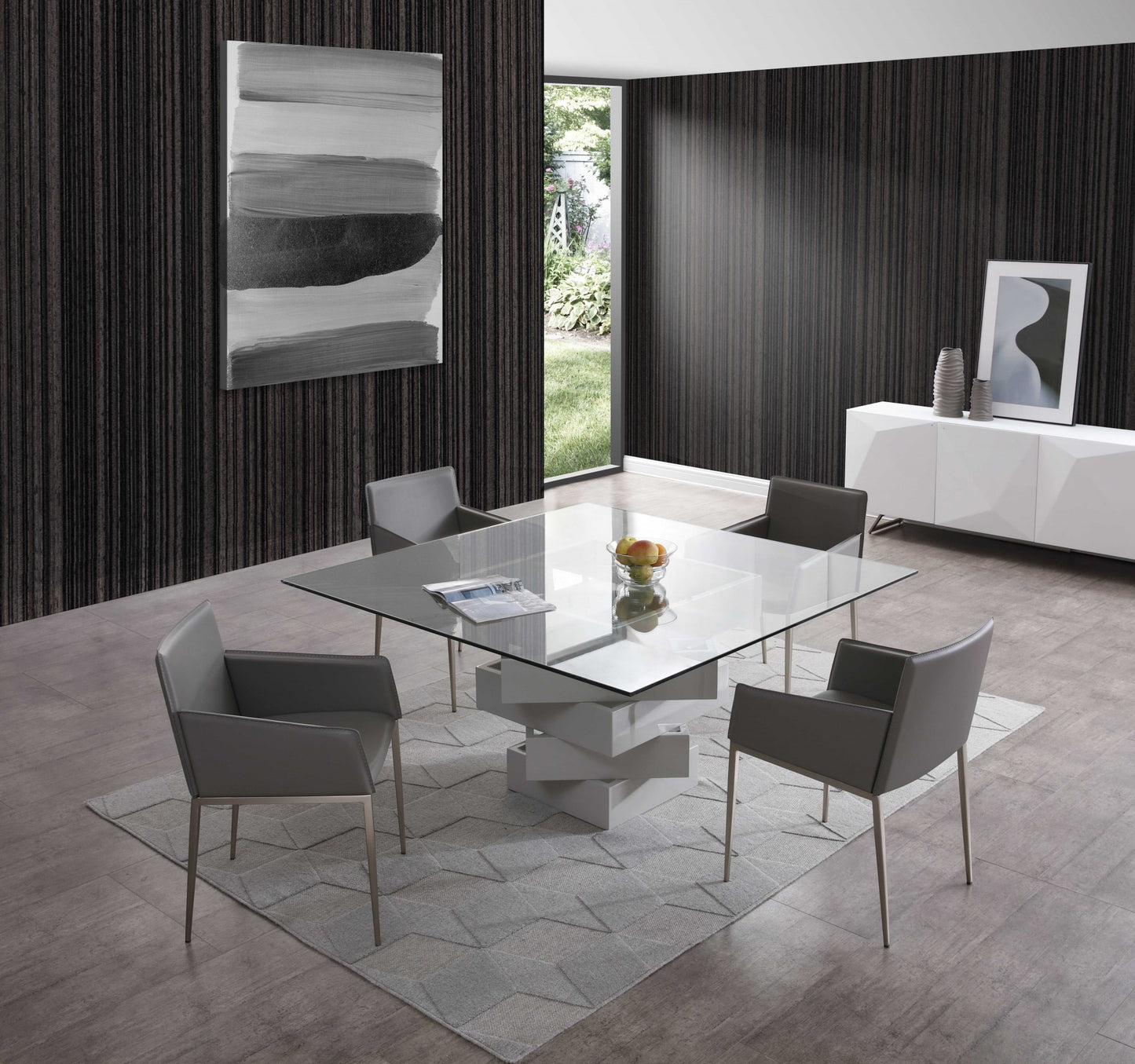 Clear And Gray Square Glass And Solid Wood Pedestal Base Dining Table