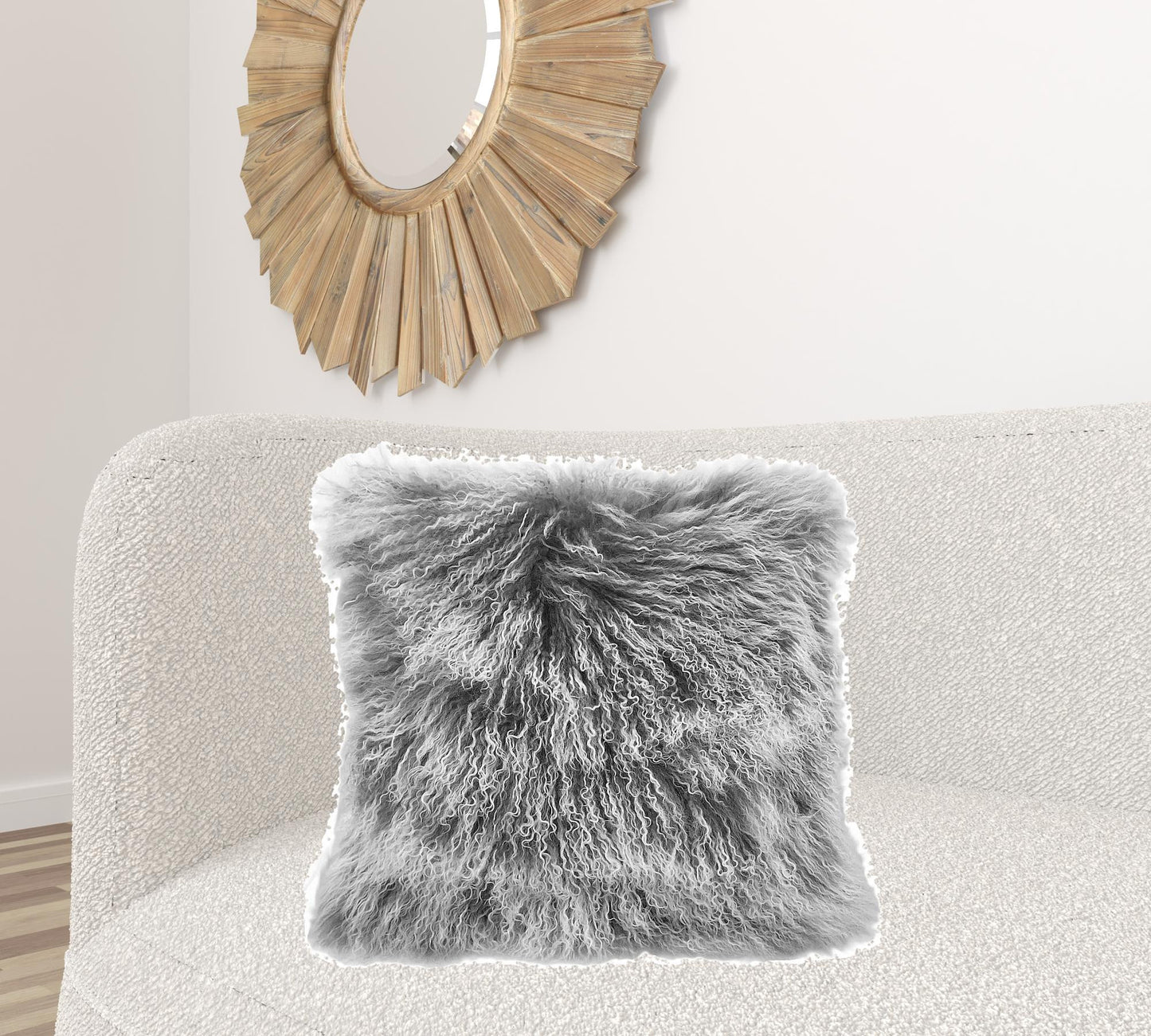 Grey Genuine Tibetan Lamb Fur Pillow w/ Microsuede Backing