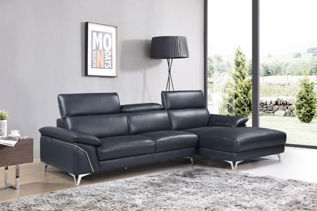 Navy Blue Italian Leather L Shaped 2 Piece Sectional