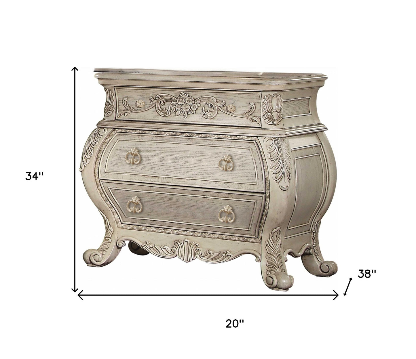 Antiqued White Three Drawers Nightstand