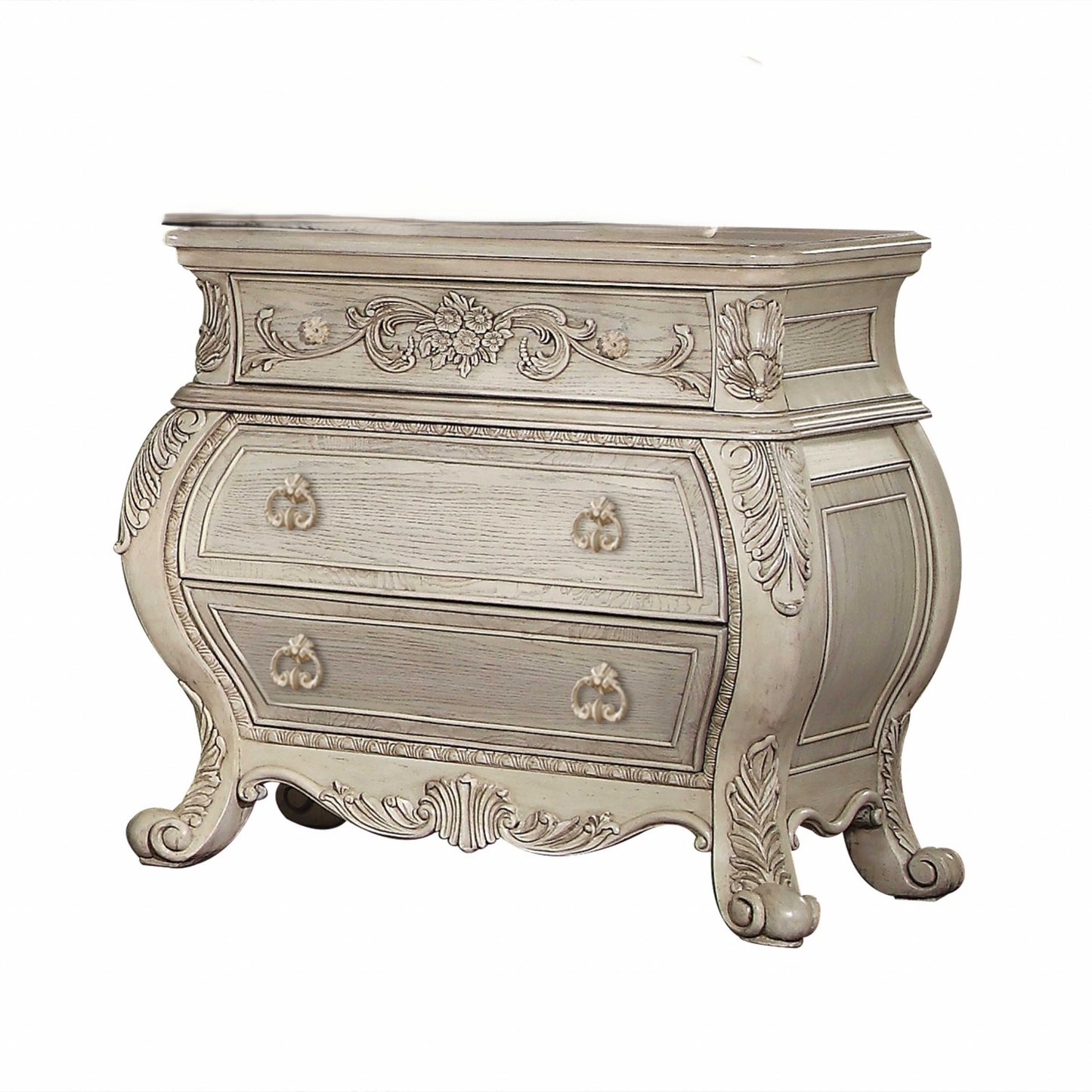 Antiqued White Three Drawers Nightstand