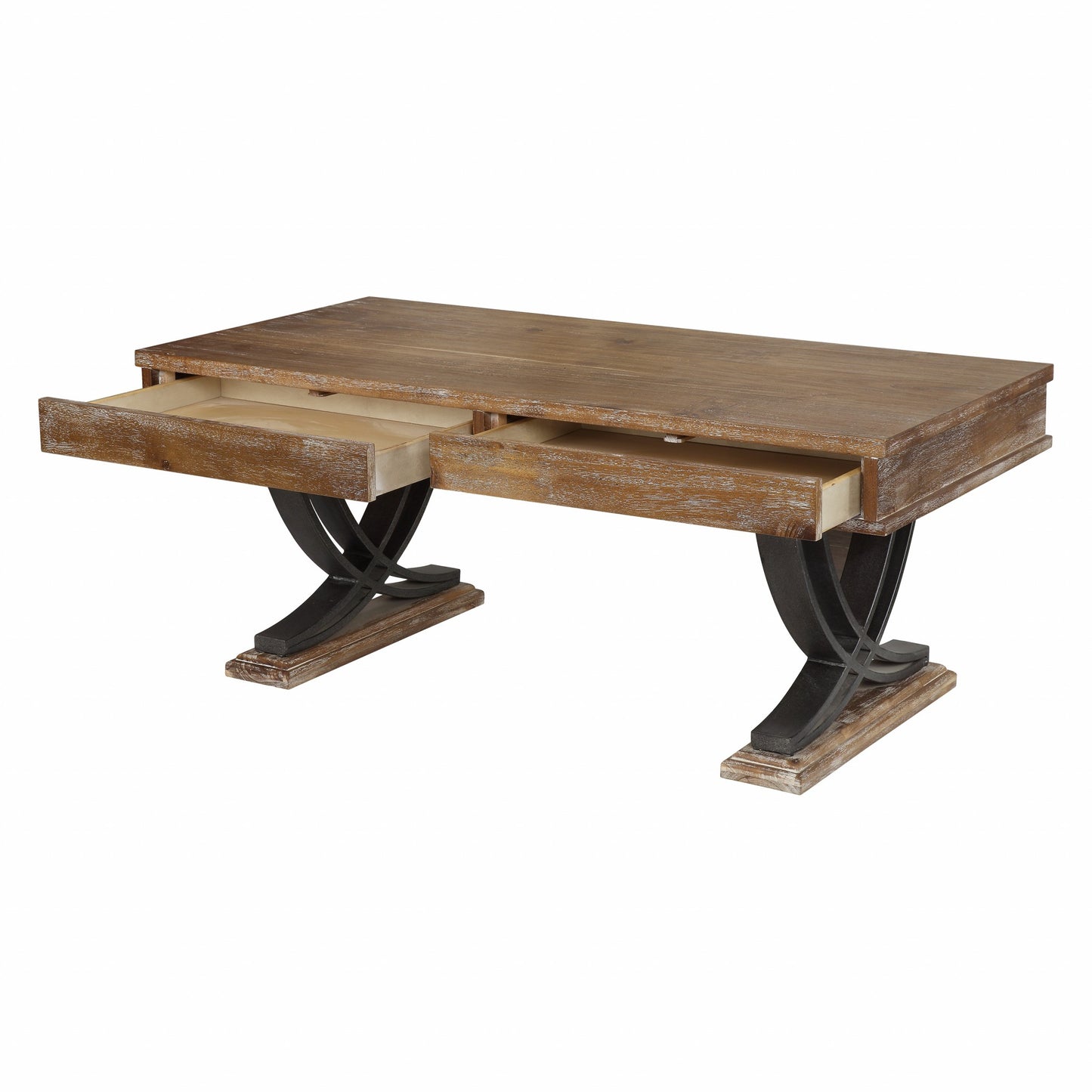 Industrial Style Antiqued Oak Finish Coffee Table w/ Black Accents