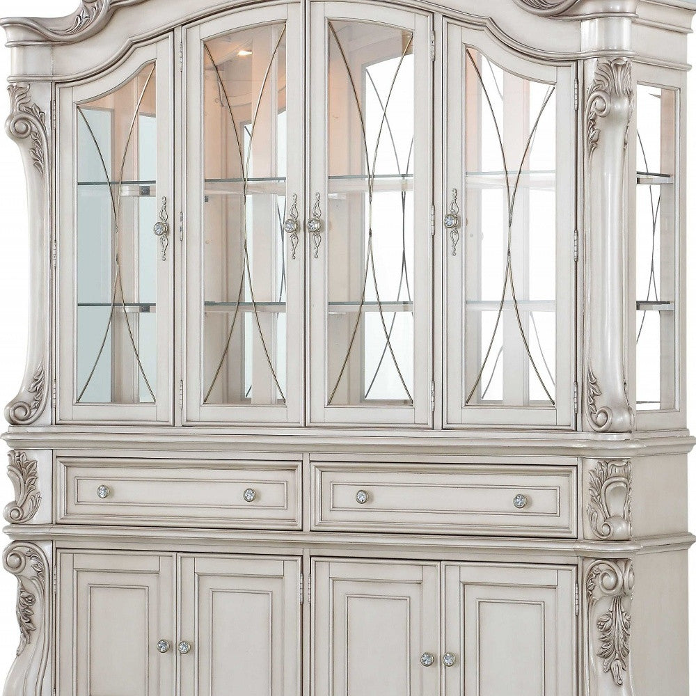 Antique White Wood Glass Mirror Hutch Sideboard