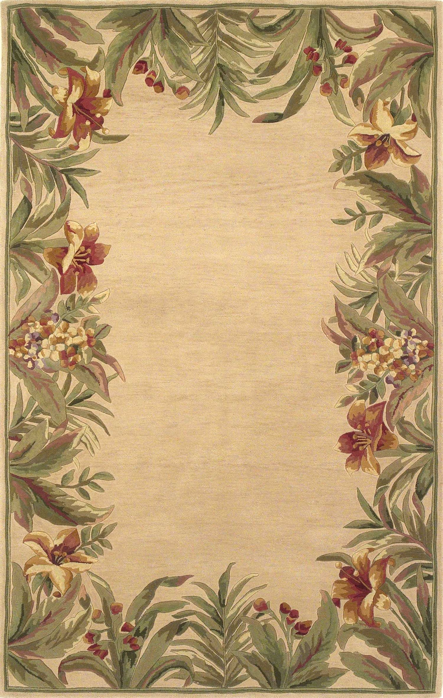 8 x 10 Ivory Hand Tufted Bordered Tropical Plants Indoor Rug