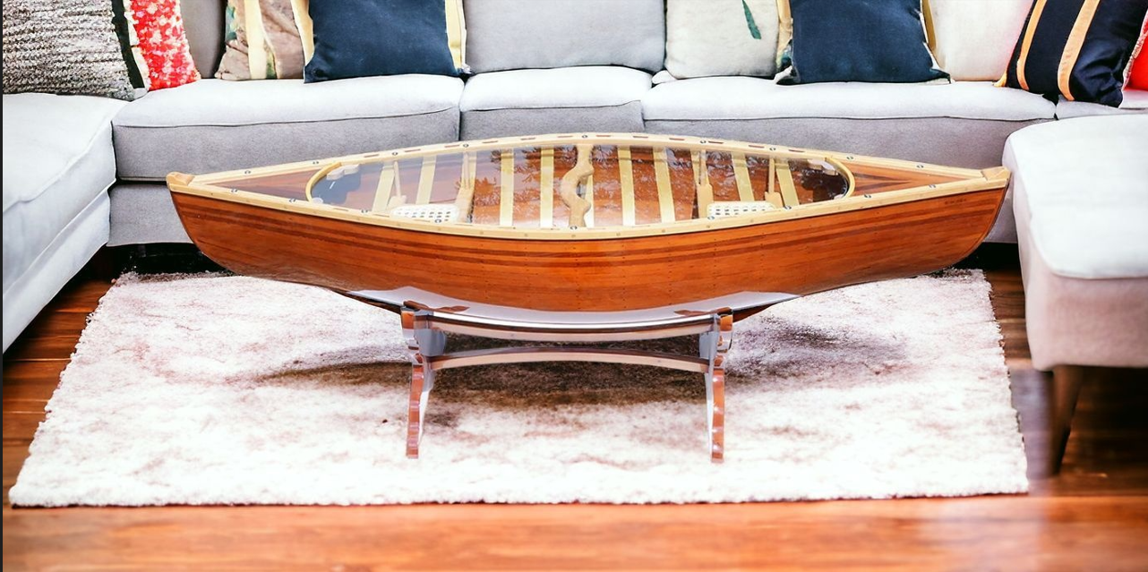 Natural Solid Wood & Glass Canoe Coffee Table