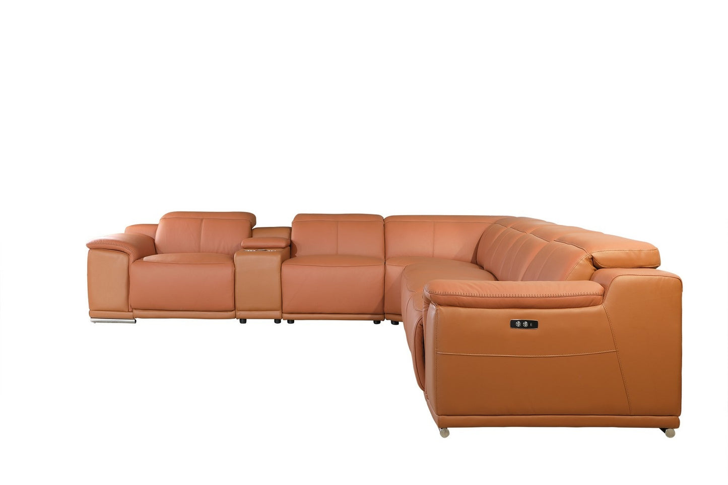 Camel Italian Leather U Shaped Seven Piece Sectional w/ Console