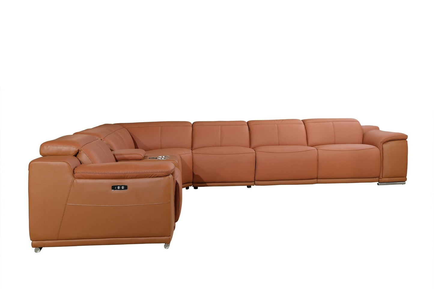 Camel Italian Leather U Shaped Seven Piece Sectional w/ Console