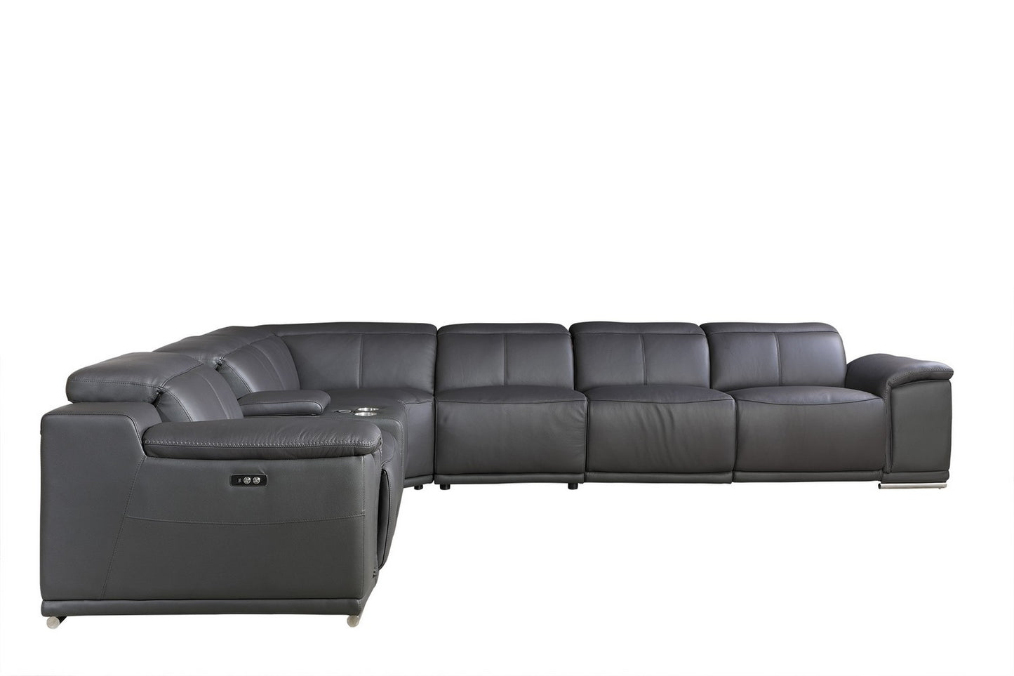 Gray Italian Leather U Shaped Seven Piece Sectional w/ Console