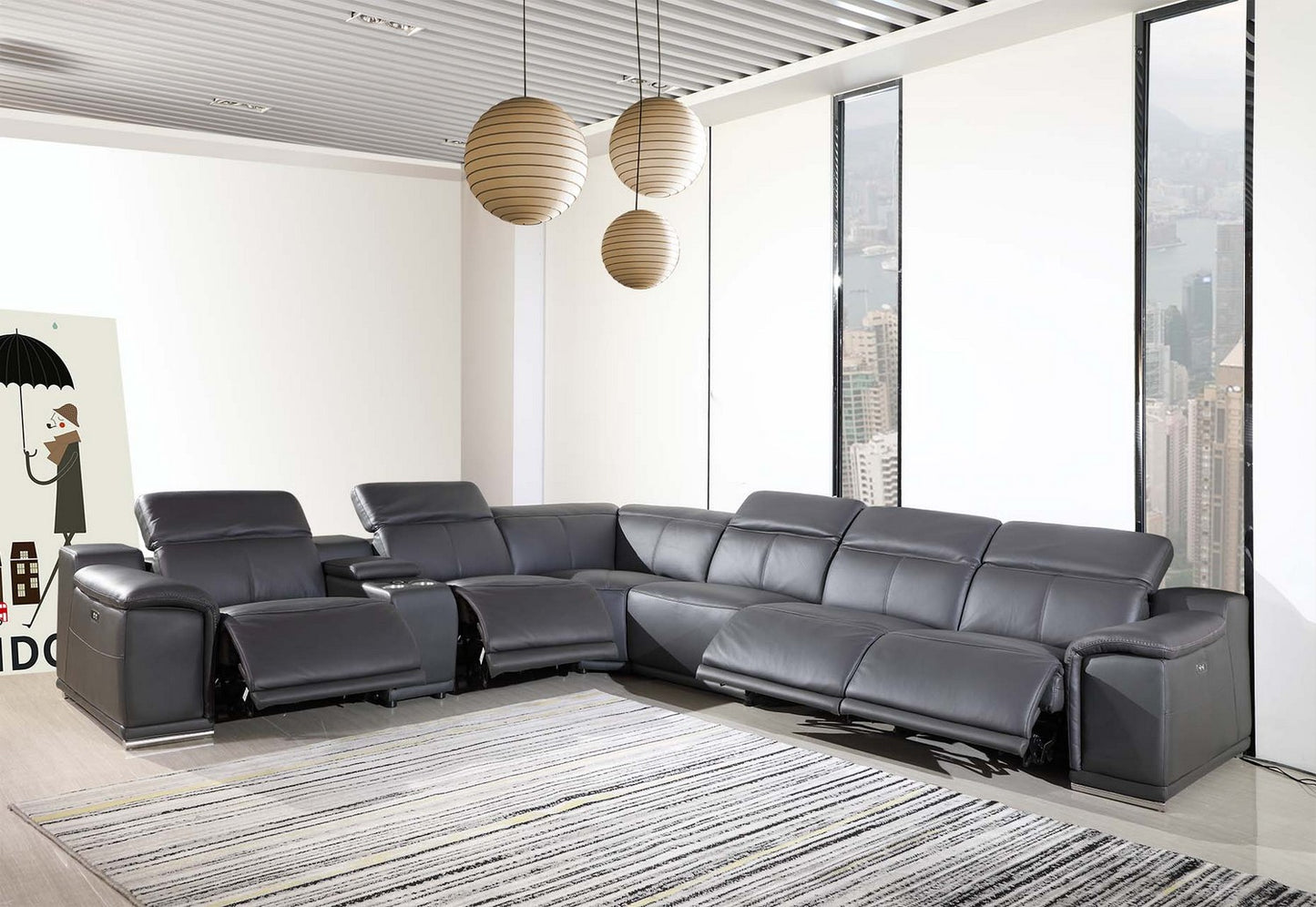 Gray Italian Leather U Shaped Seven Piece Sectional w/ Console