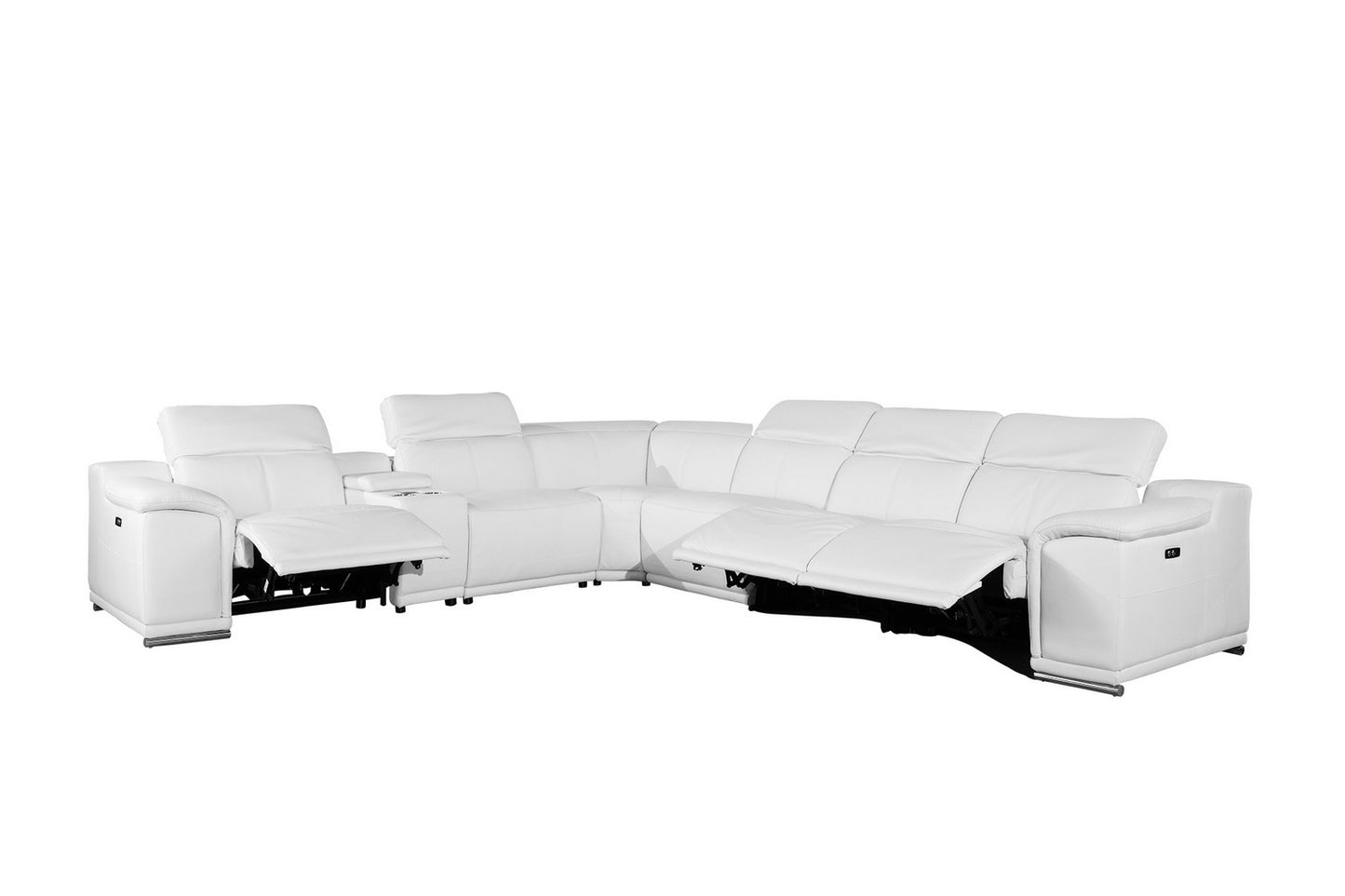 White Italian Leather U Shaped Seven Piece Sectional w/ Console