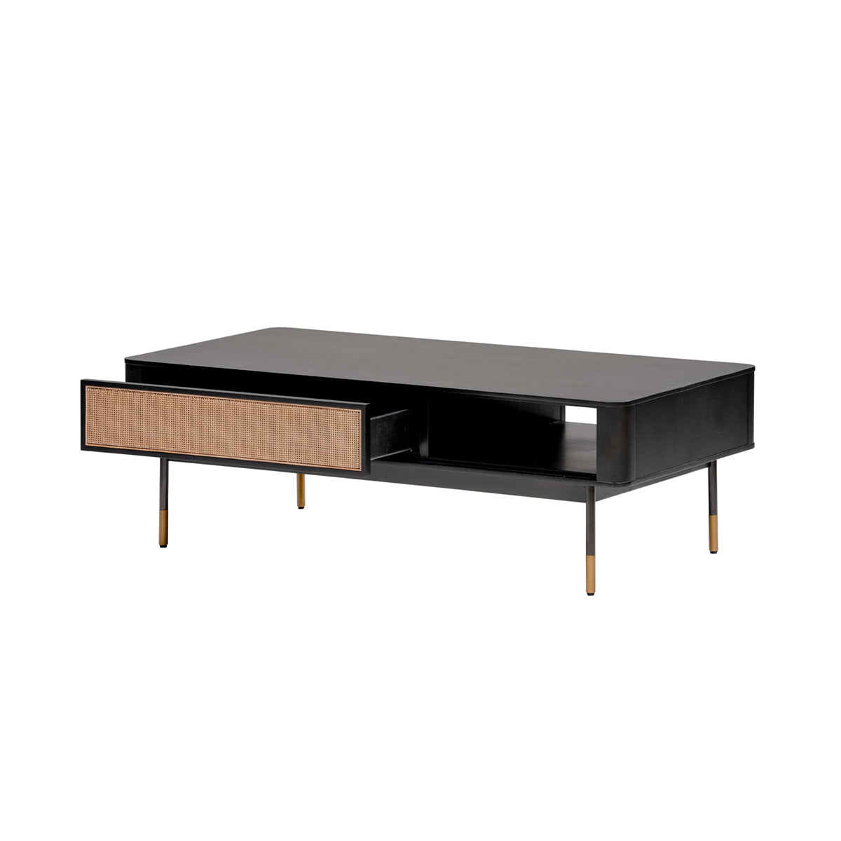 Black & Brown Solid Wood & Steel Coffee Table w/ Drawer