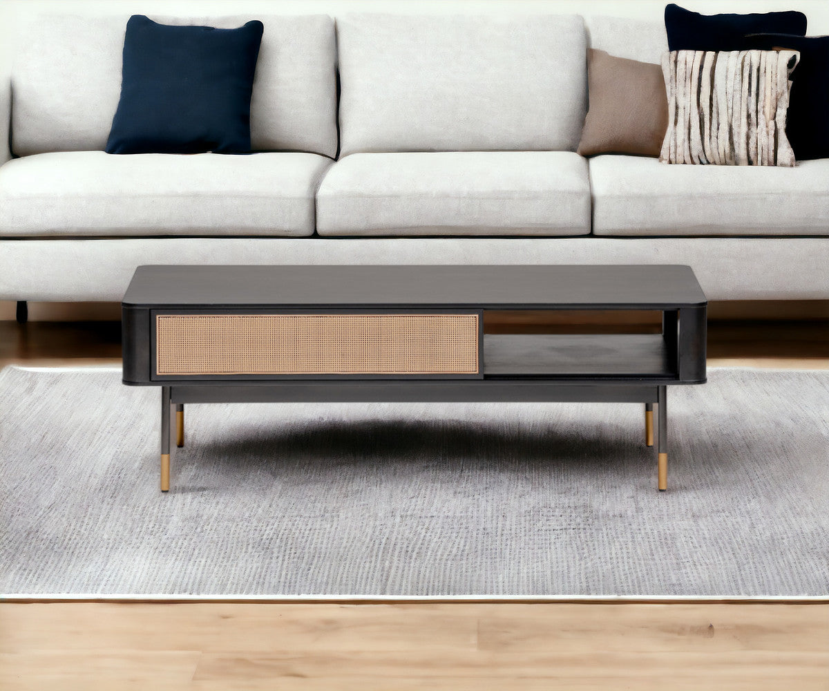 Black & Brown Solid Wood & Steel Coffee Table w/ Drawer