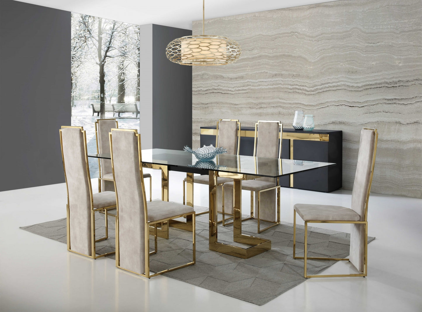Clear And Gold Glass And Stainless Steel Double Pedestal Base Dining Table