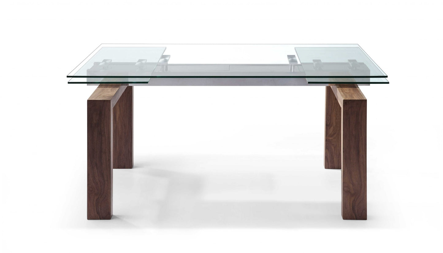 Clear and Brown Glass Self-Storing Leaf Dining Table