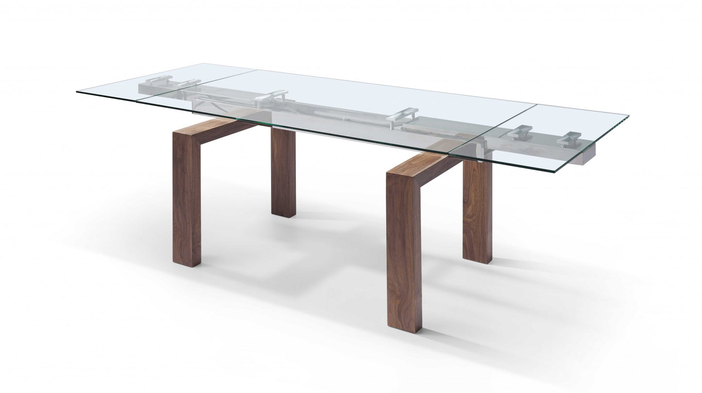 Clear and Brown Glass Self-Storing Leaf Dining Table