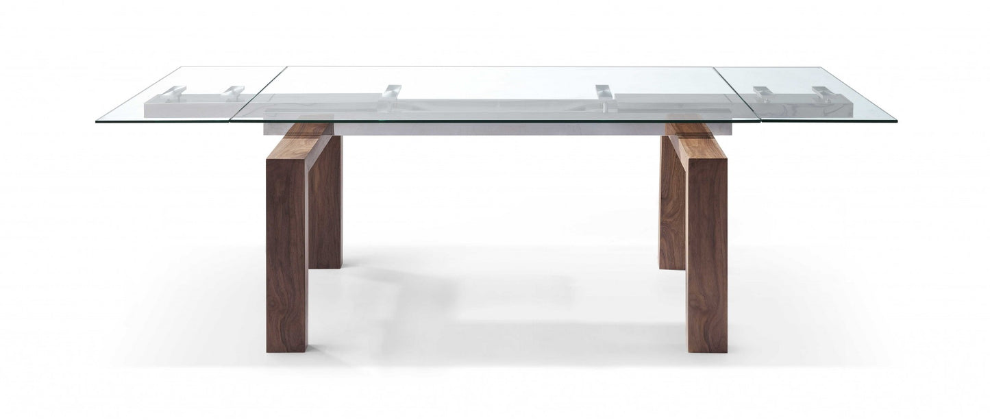 Clear and Brown Glass Self-Storing Leaf Dining Table