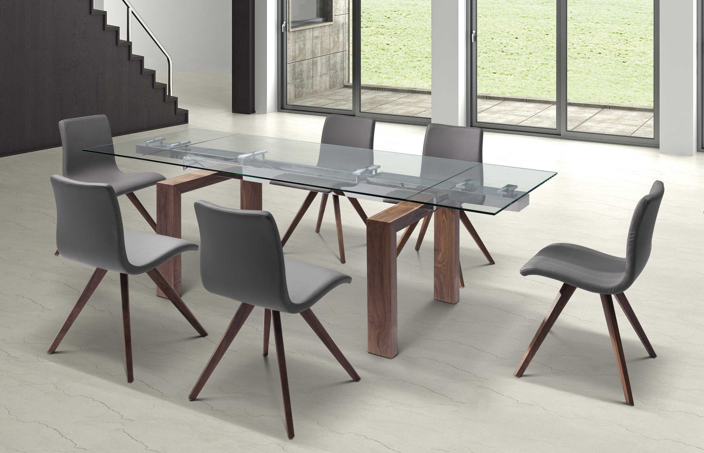Clear and Brown Glass Self-Storing Leaf Dining Table